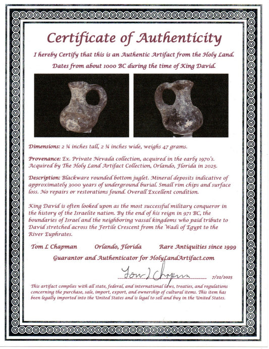 Ancient Holy Land Artifact King David Mini Jugglet Christ Home Land 1000BC COA 2