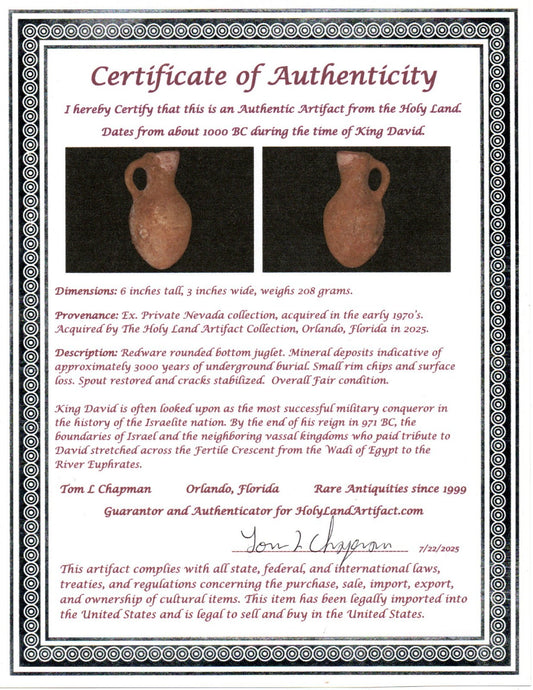Ancient Holy Land Artifact King David Era Jug Land of Jesus Christ 1000 BC COA 8