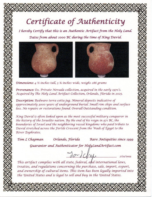 Ancient Holy Land Artifact King David Jug Land of Jesus Christ 1000 BC COA 21