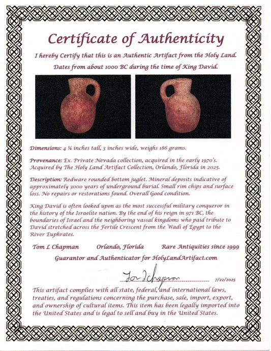 Ancient Holy Land Artifact King David Jug Land of Jesus Christ 1000 BC COA 12