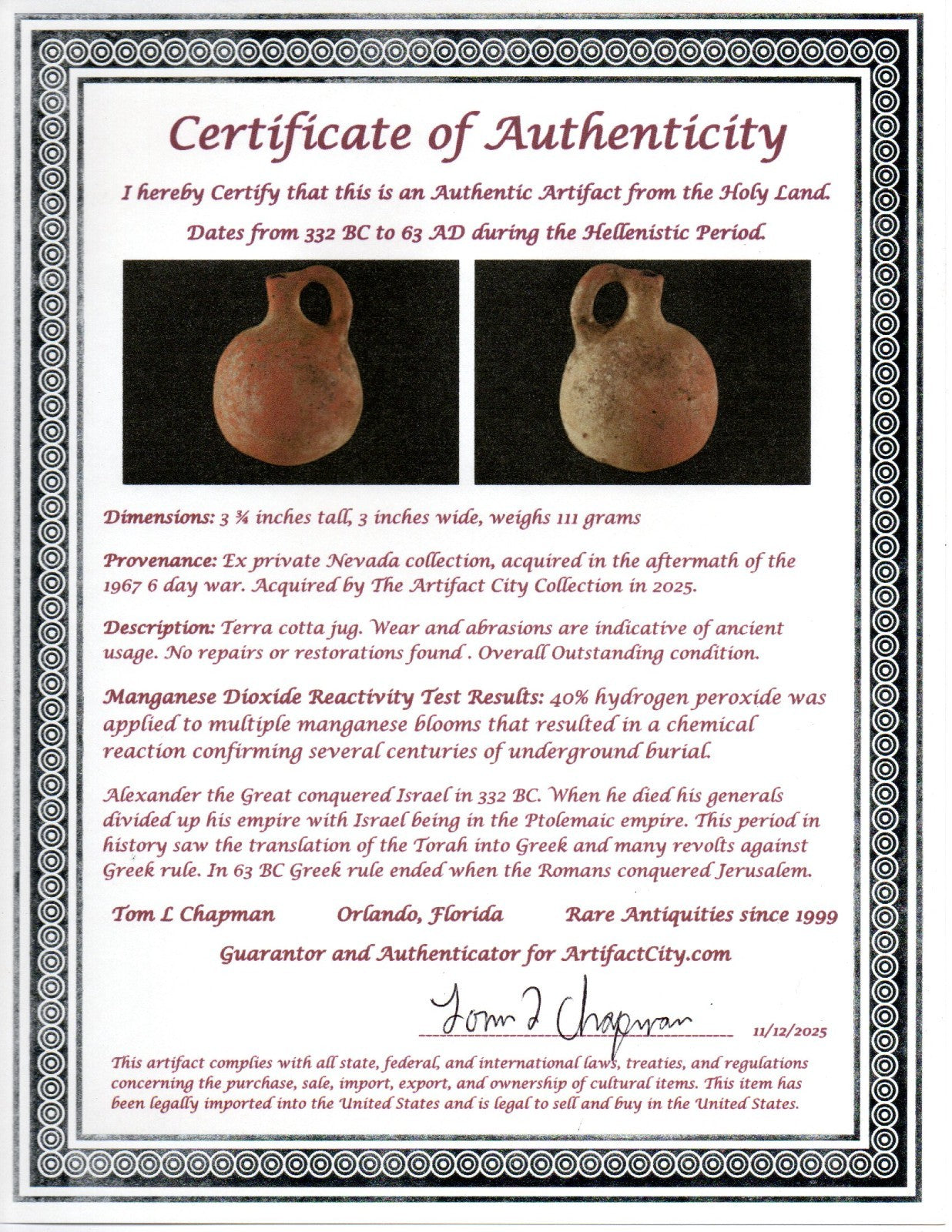 Time of Alexander the Great Holy Land Artifact Ancient Jug 332 BC-63 AD COA 92