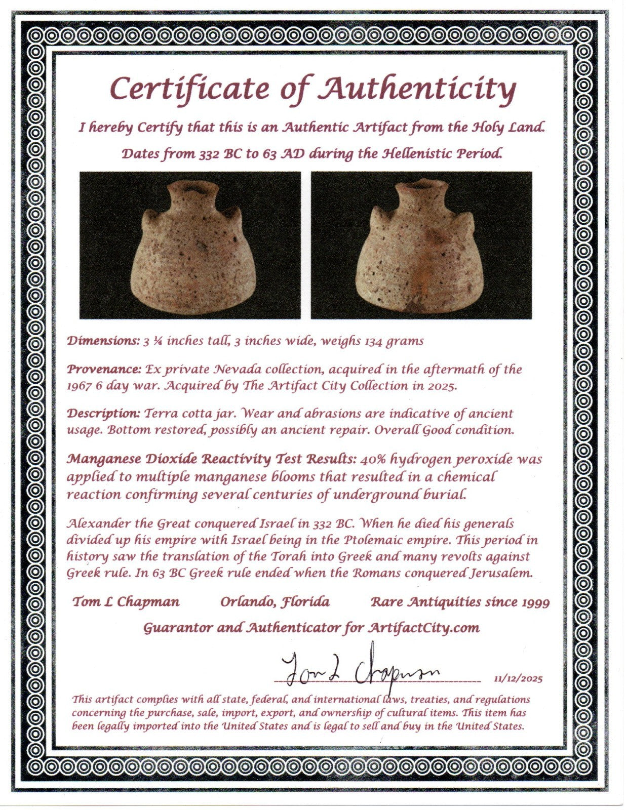 Time of Alexander the Great Holy Land Artifact Ancient Jar 332 BC-63 AD COA 97