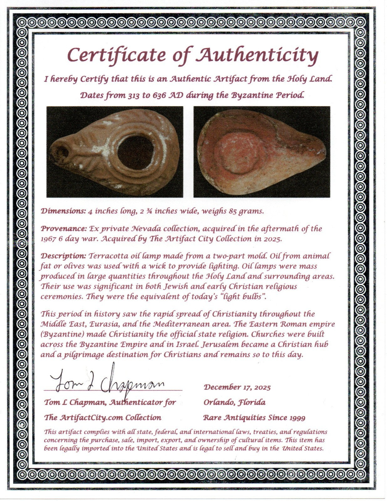 Holy Land Oil Lamp Ancient Artifact Time of the Christians 313-636 AD COA 193
