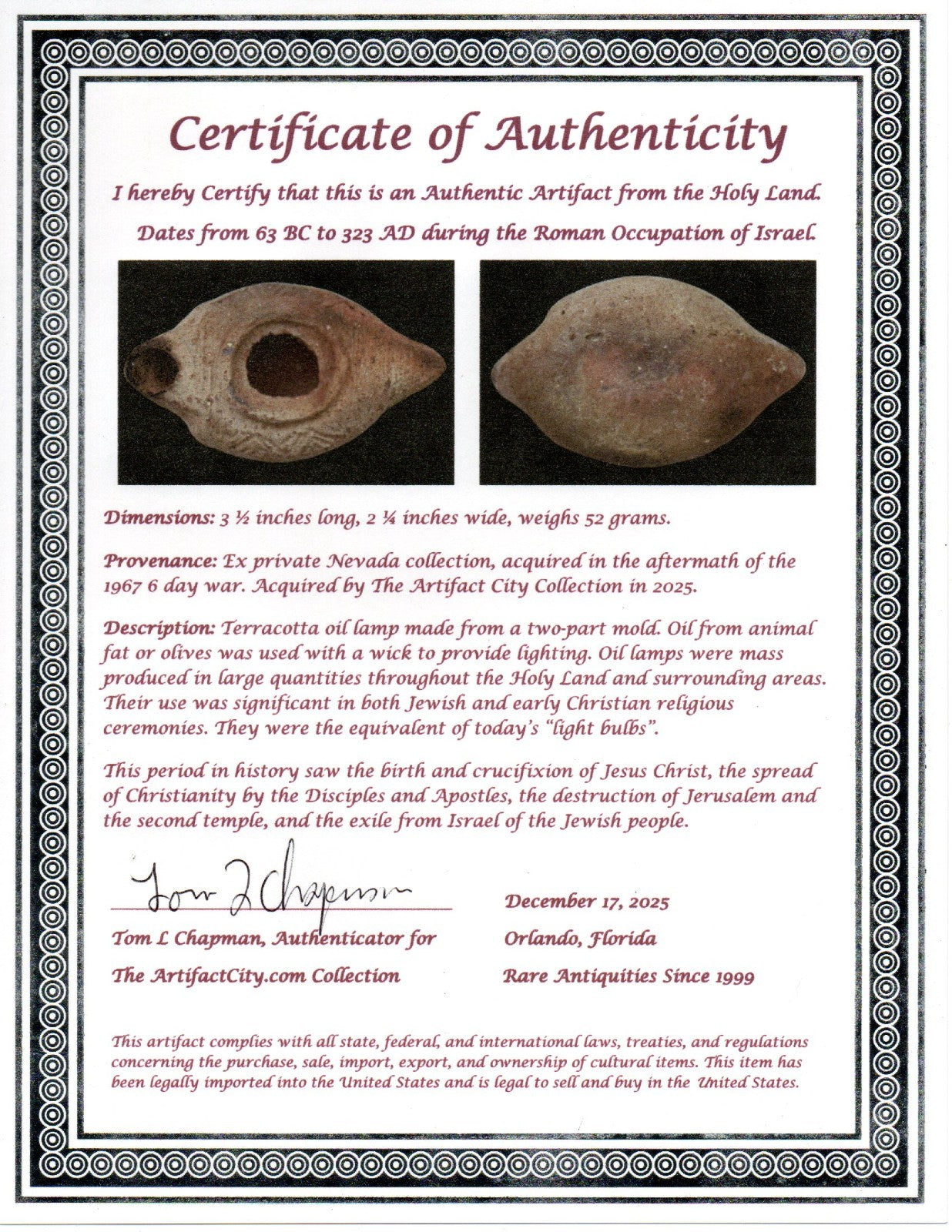Holy Land Oil Lamp Ancient Artifact Time of Jesus & Apostles 63BC-323AD COA 154
