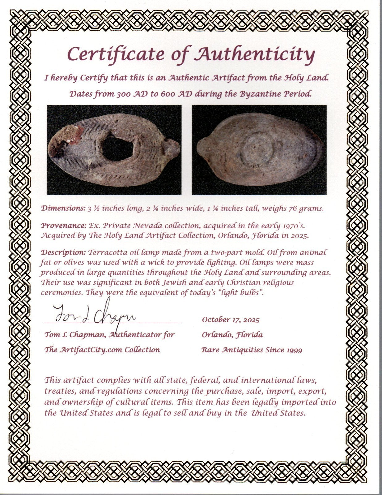 Oil Lamp Holy Land Ancient Artifact Jesus Christ Home Israel 300-600 AD COA 138