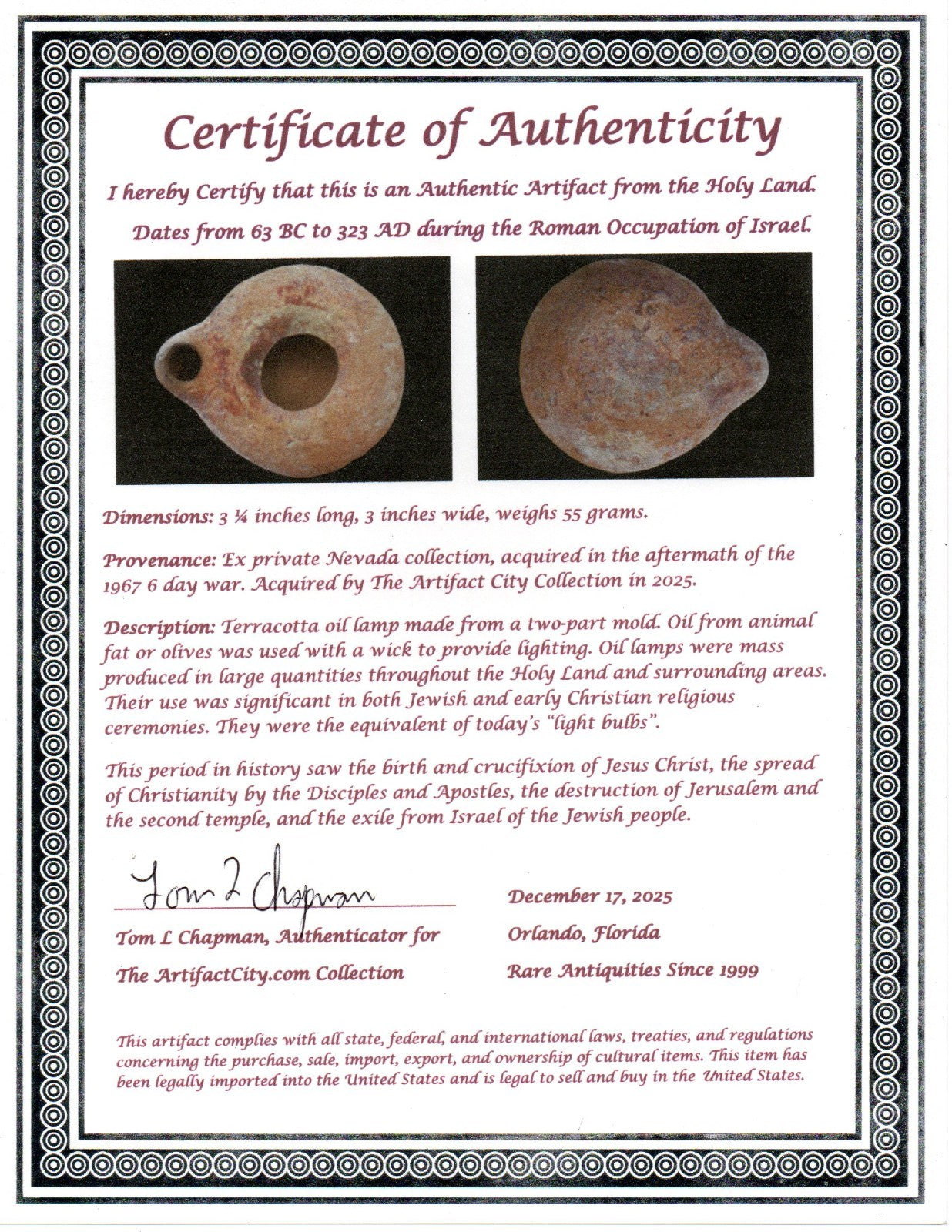 Holy Land Oil Lamp Ancient Artifact Time of Jesus & Apostles 63BC-323AD COA 161