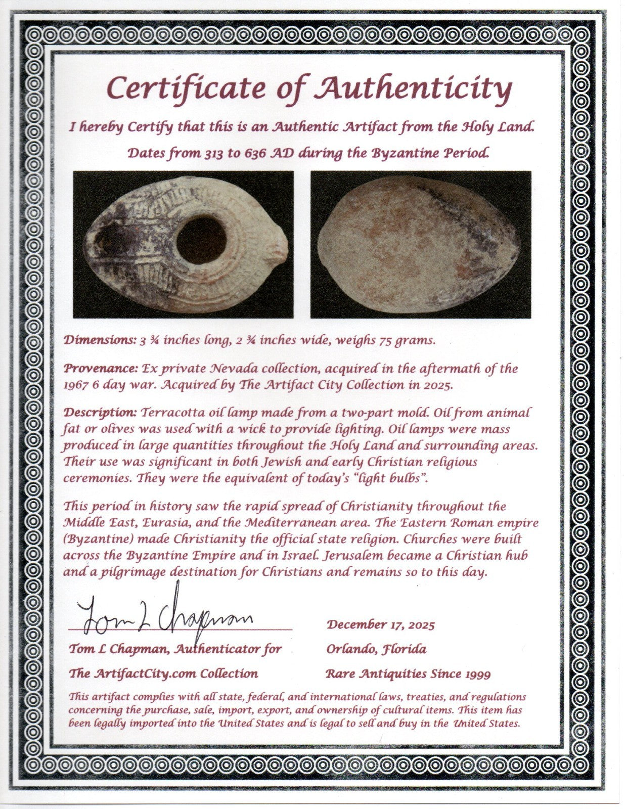 Holy Land Oil Lamp Ancient Artifact Time of the Christians 313-636 AD COA 223