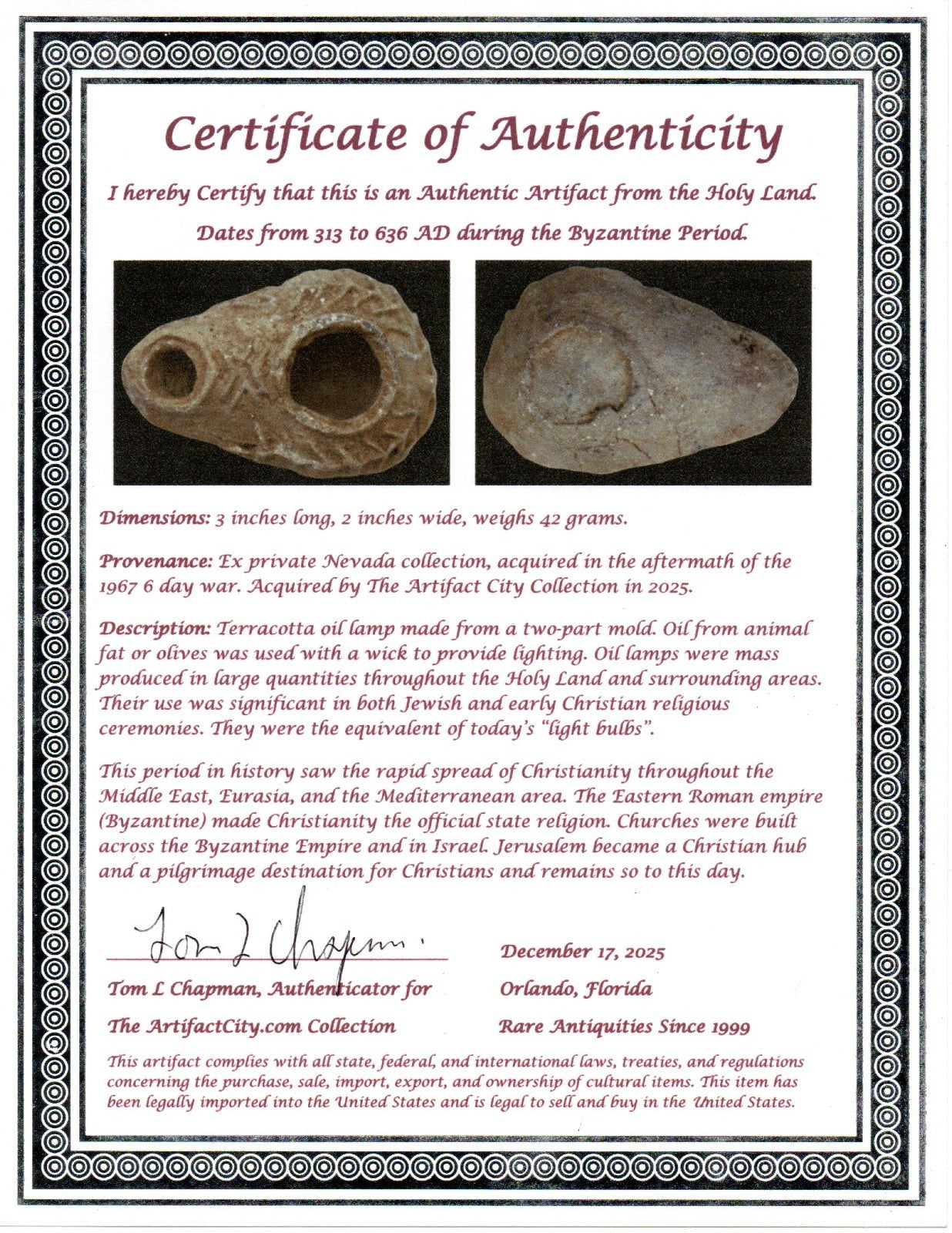 Holy Land Oil Lamp Ancient Artifact Time of the Christians 313-636 AD COA 201