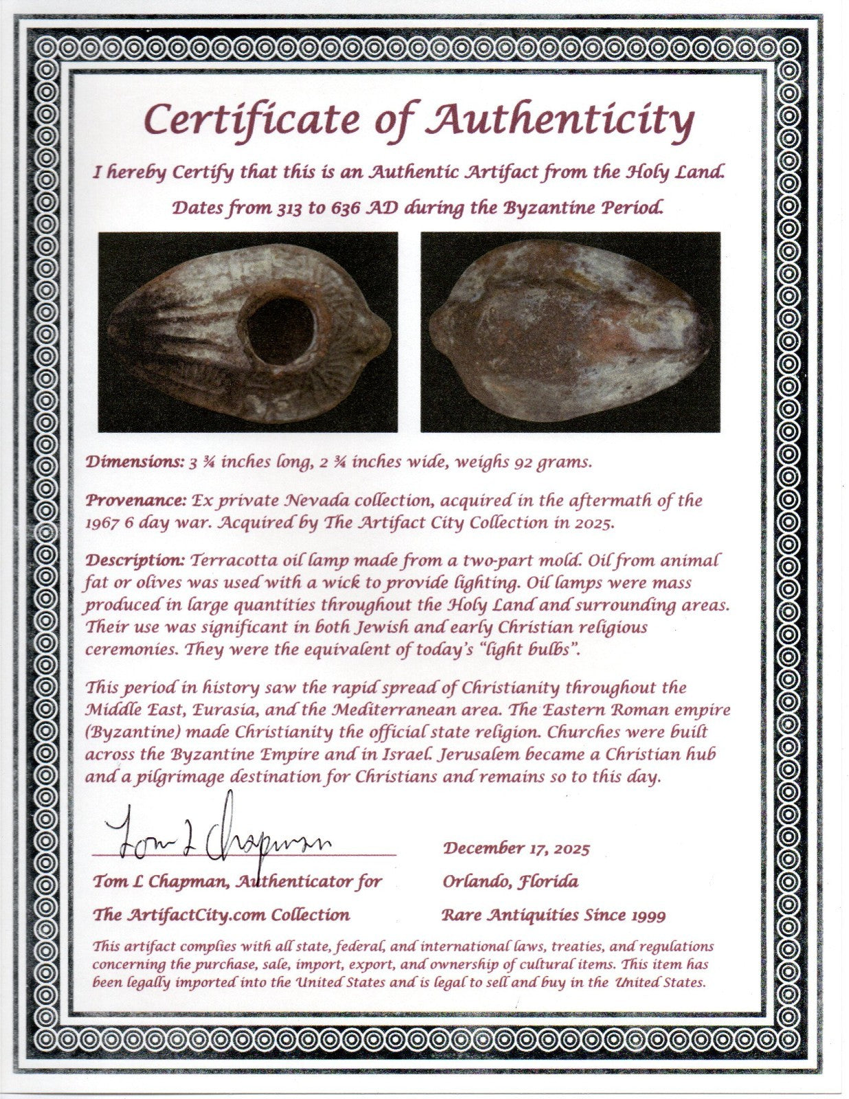 Holy Land Oil Lamp Ancient Artifact Time of the Christians 313-636 AD COA 196