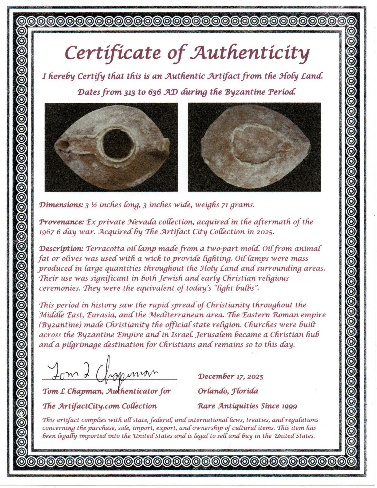 Holy Land Oil Lamp Ancient Artifact Time of the Christians 313-636 AD COA 197