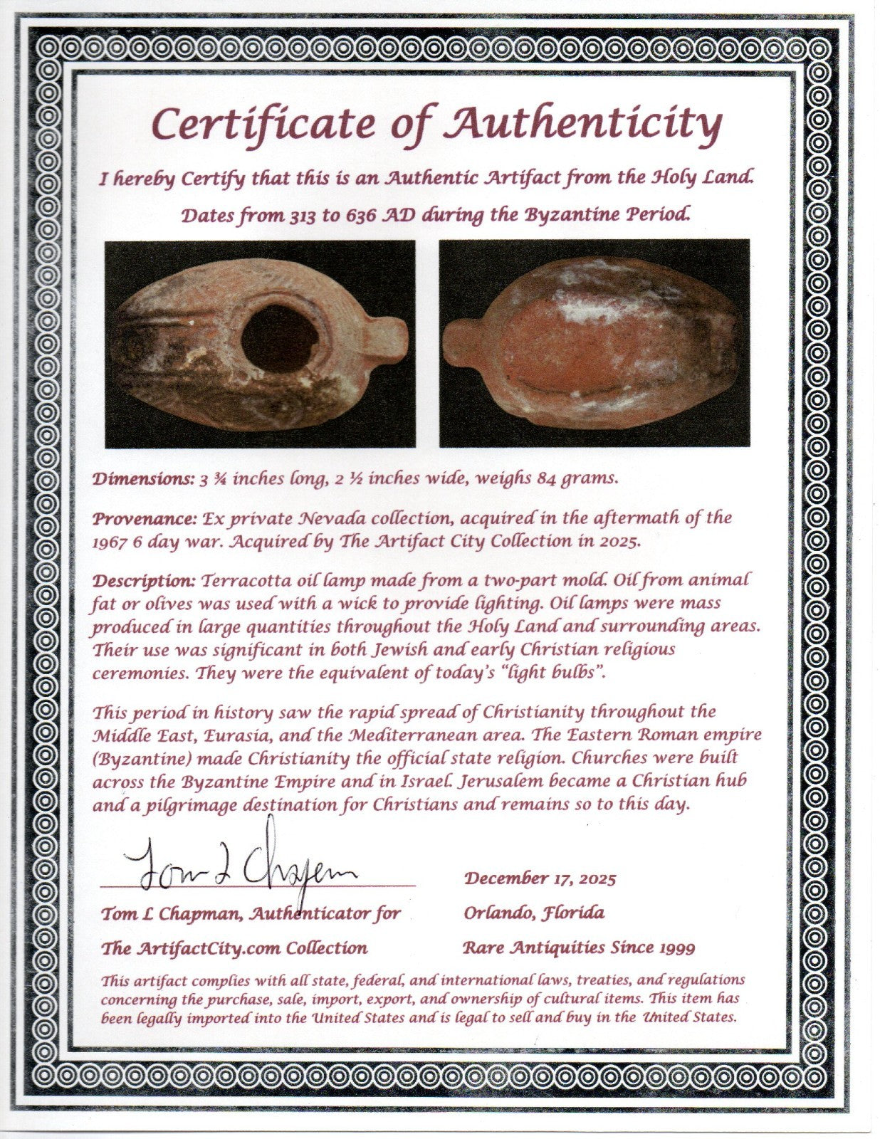 Holy Land Oil Lamp Ancient Artifact Time of the Christians 313-636 AD COA 214