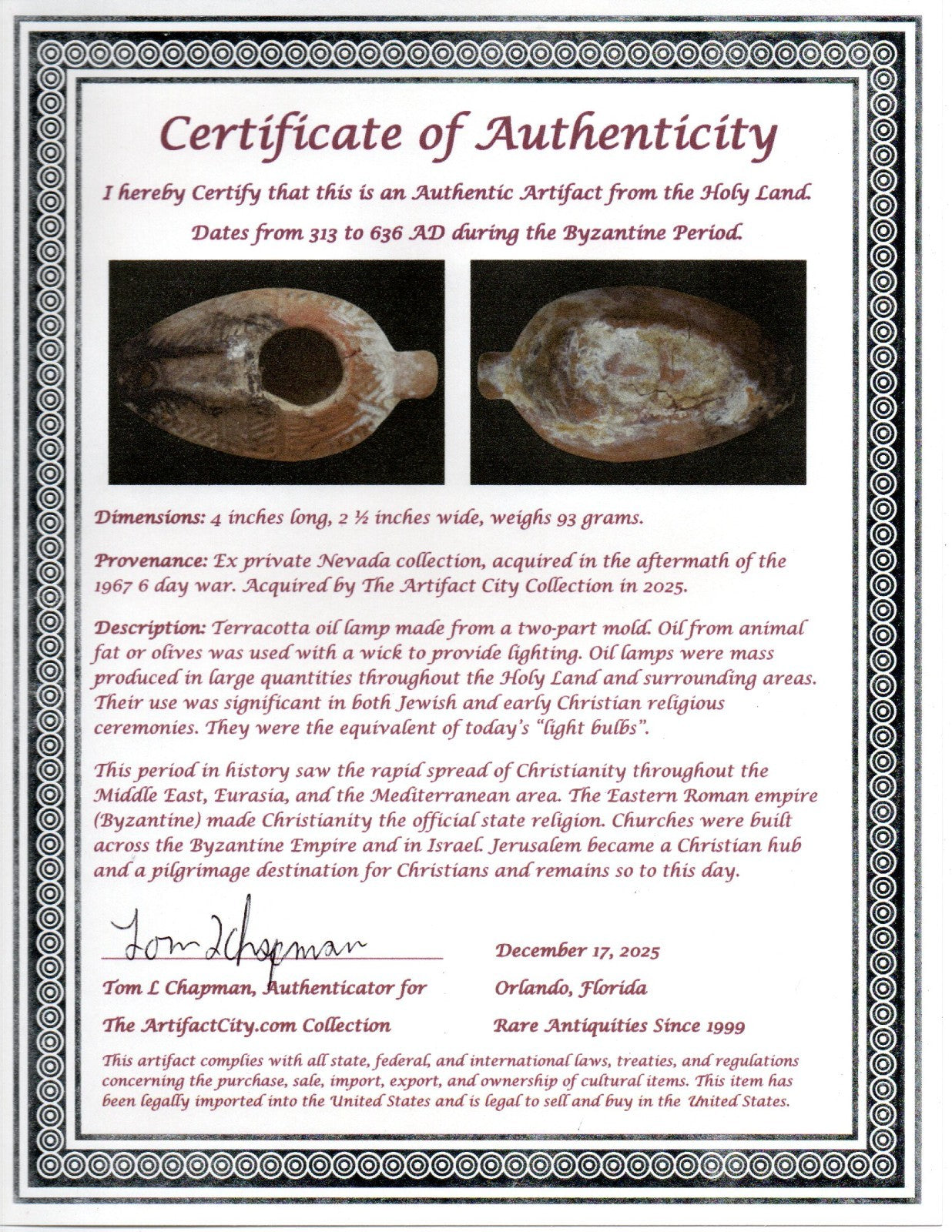 Holy Land Oil Lamp Ancient Artifact Time of the Christians 313-636 AD COA 189