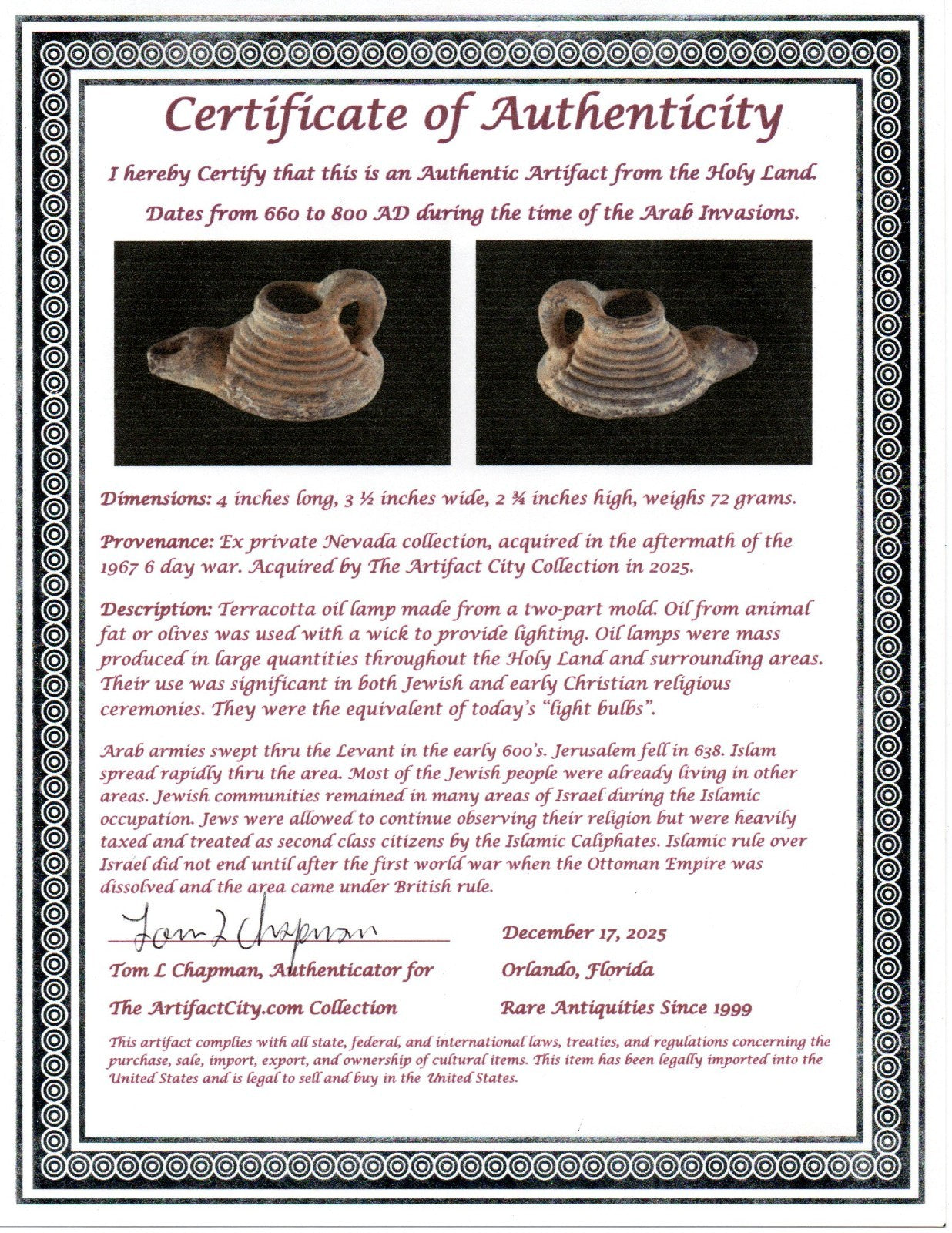 Holy Land Oil Lamp Ancient Artifact Time of the Arab Invasion 660-800 AD COA 242