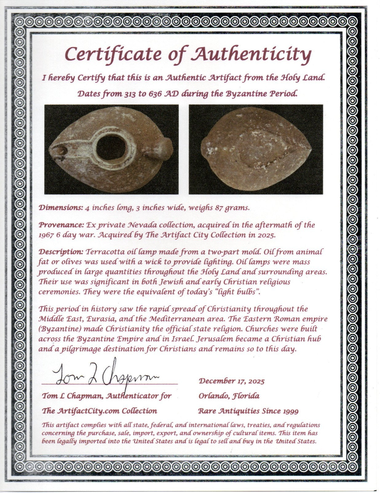 Holy Land Oil Lamp Ancient Artifact Time of the Christians 313-636 AD COA 205