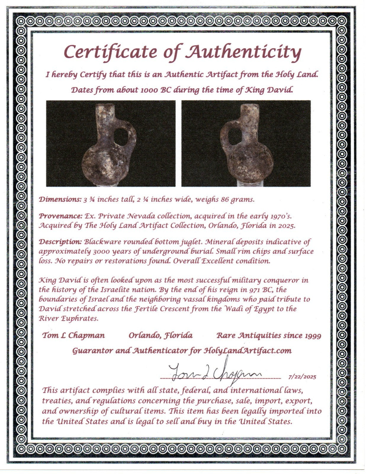 Ancient Holy Land Artifact King David Jugglet Land of Jesus Christ 1000 BC COA 5