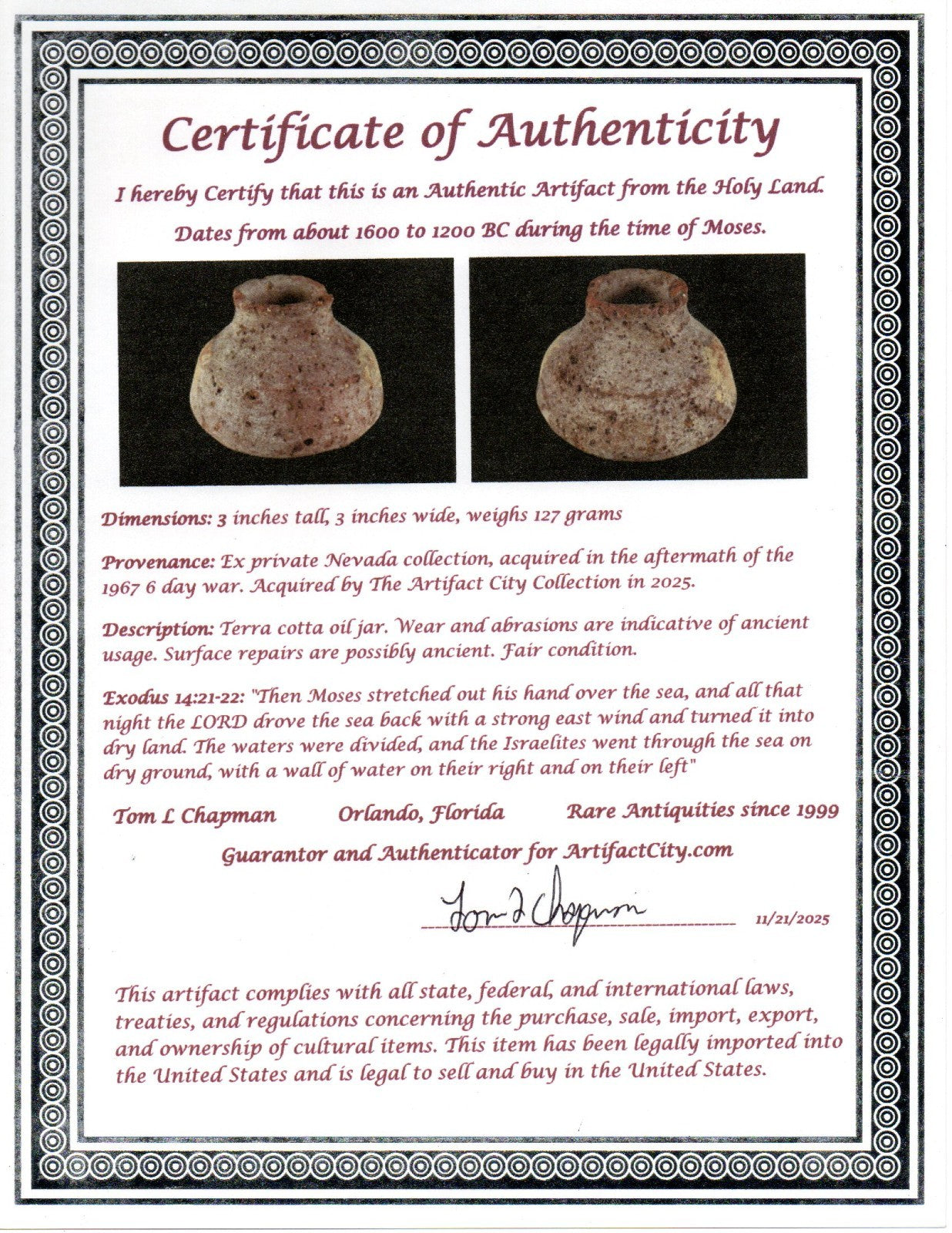 Time of Moses Holy Land Artifact Ancient 3500 Year Old Jar 1600-1200 BC COA 69