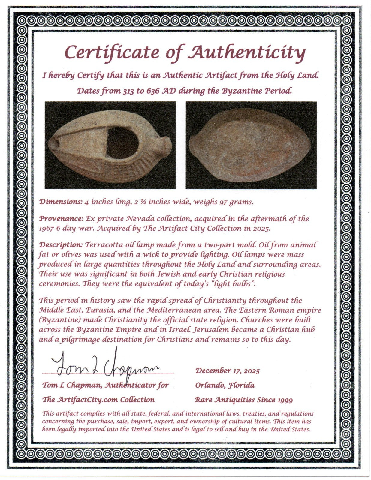 Holy Land Oil Lamp Ancient Artifact Time of the Christians 313-636 AD COA 222