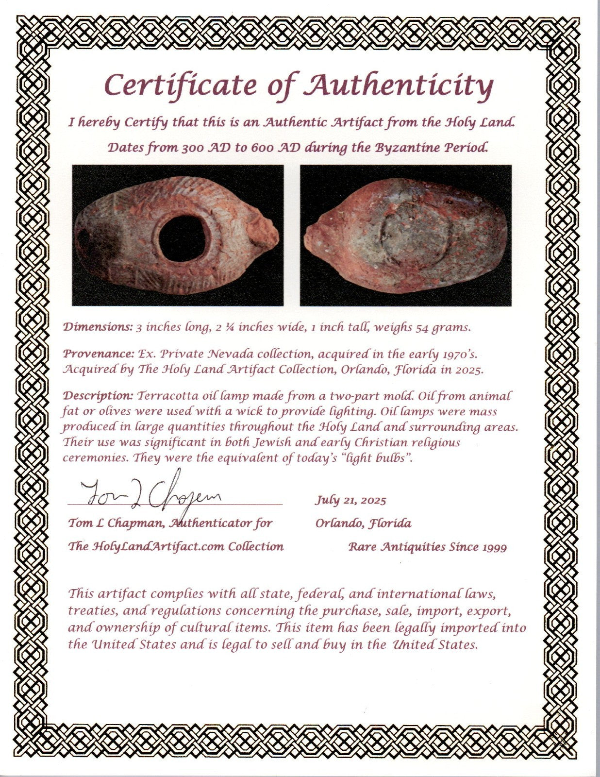 Oil Lamp Holy Land Ancient Artifact Jesus Christ Home Israel 300-600 AD COA 101