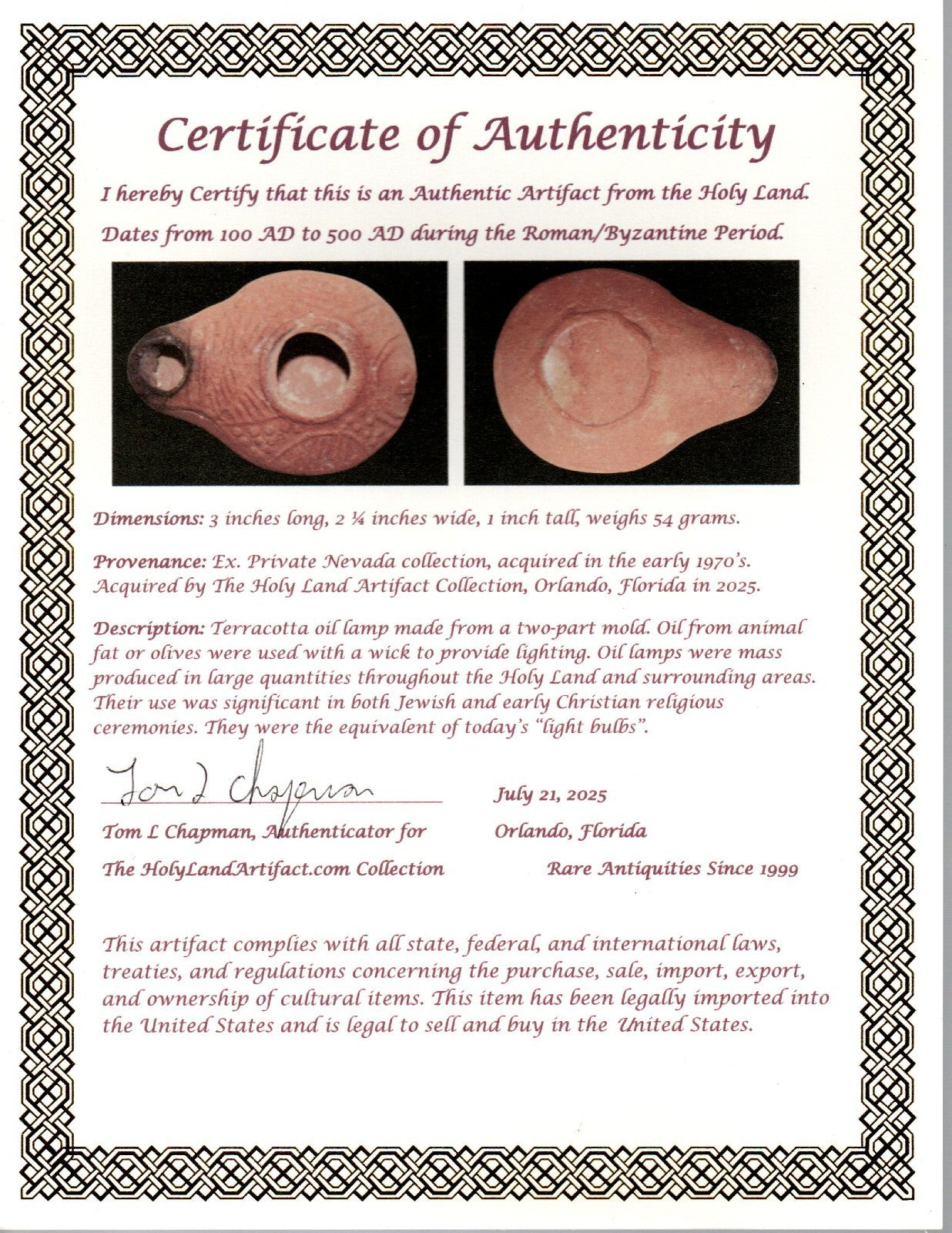 Ancient Holy Land Oil Lamp Artifact From Jesus Christ Home Land 100-500AD COA 51