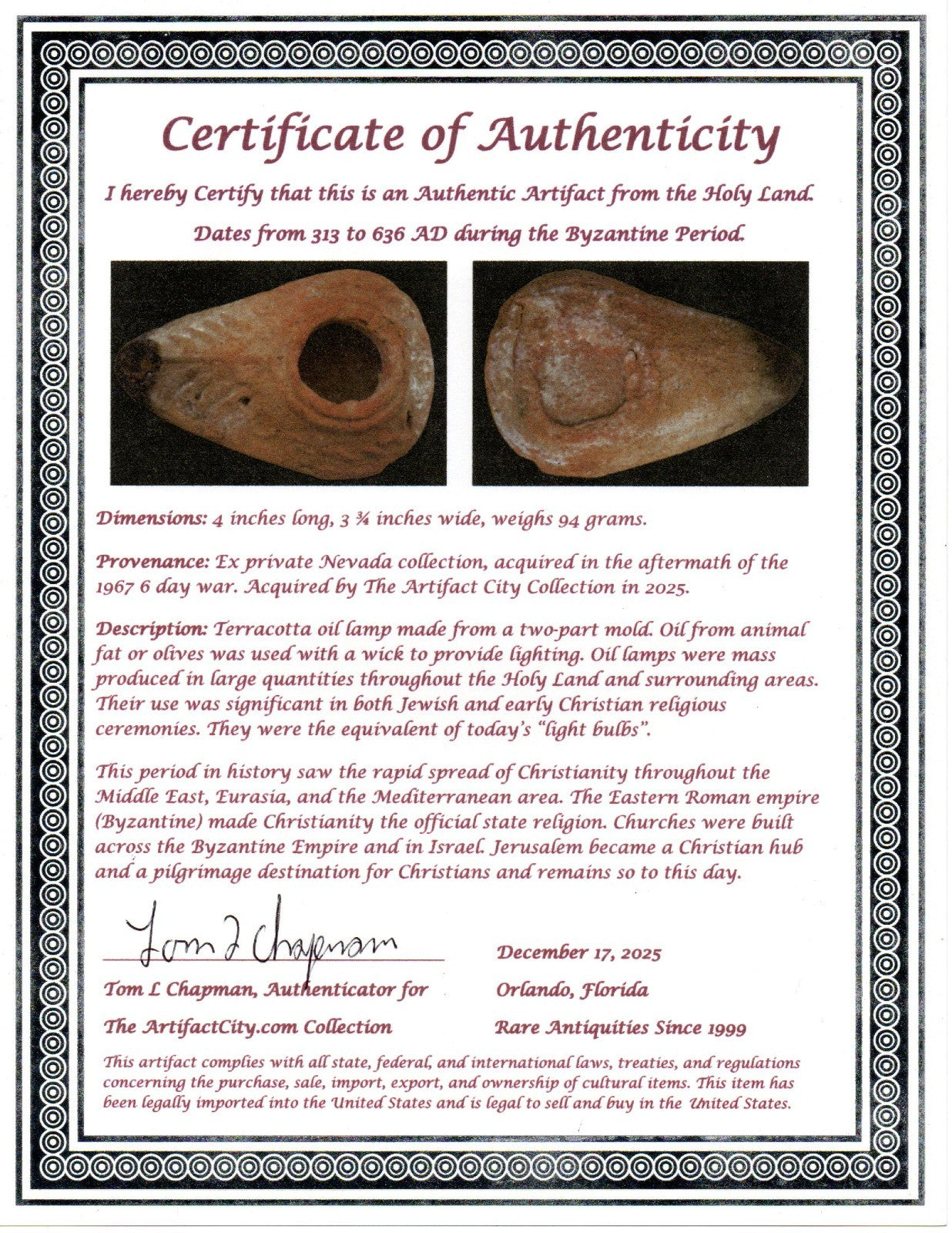 Time of the Christians Oil Lamp Ancient Holy Land Artifact 313-636 AD COA 03