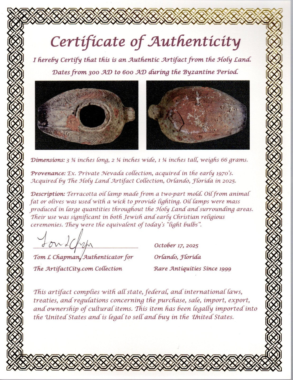 Ancient Holy Land Oil Lamp Artifact 2 Hidden Christian Crosses 300-600AD COA 136