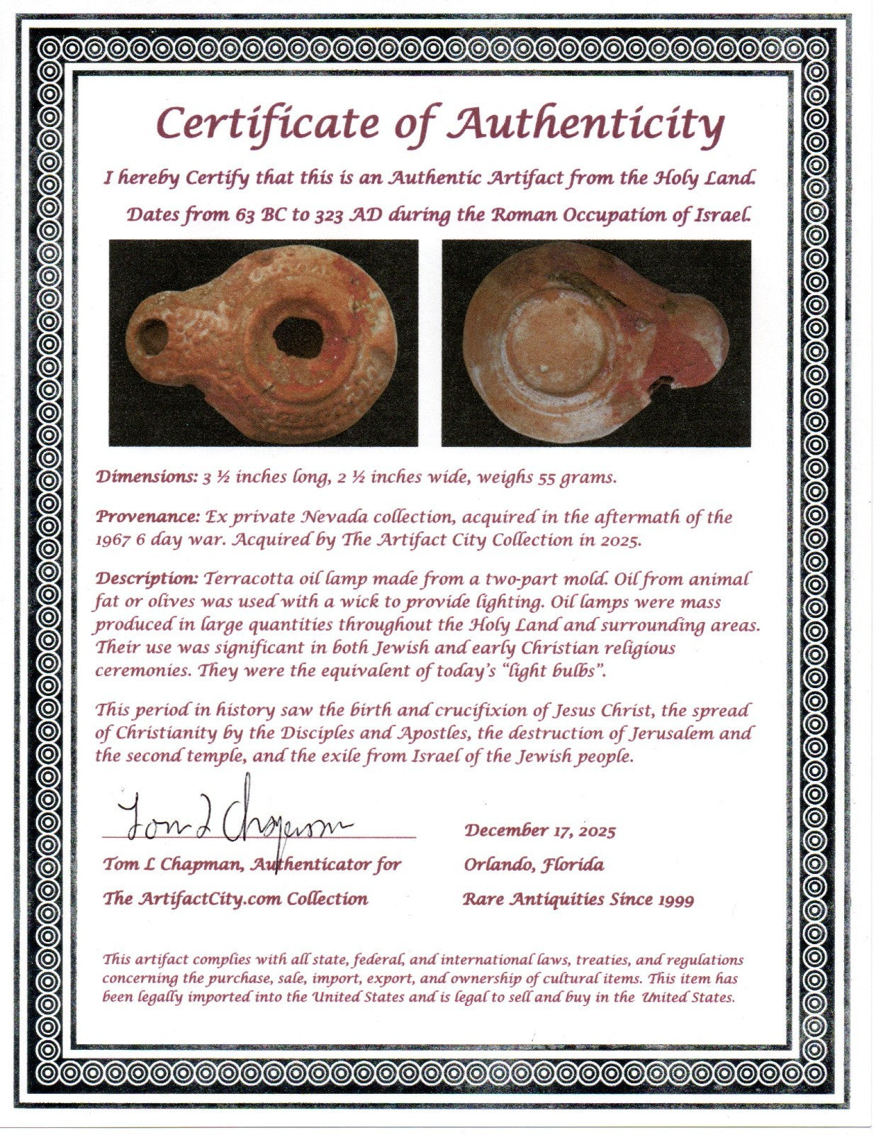 Holy Land Oil Lamp Ancient Artifact Time of Jesus & Apostles 63BC-323AD COA 164