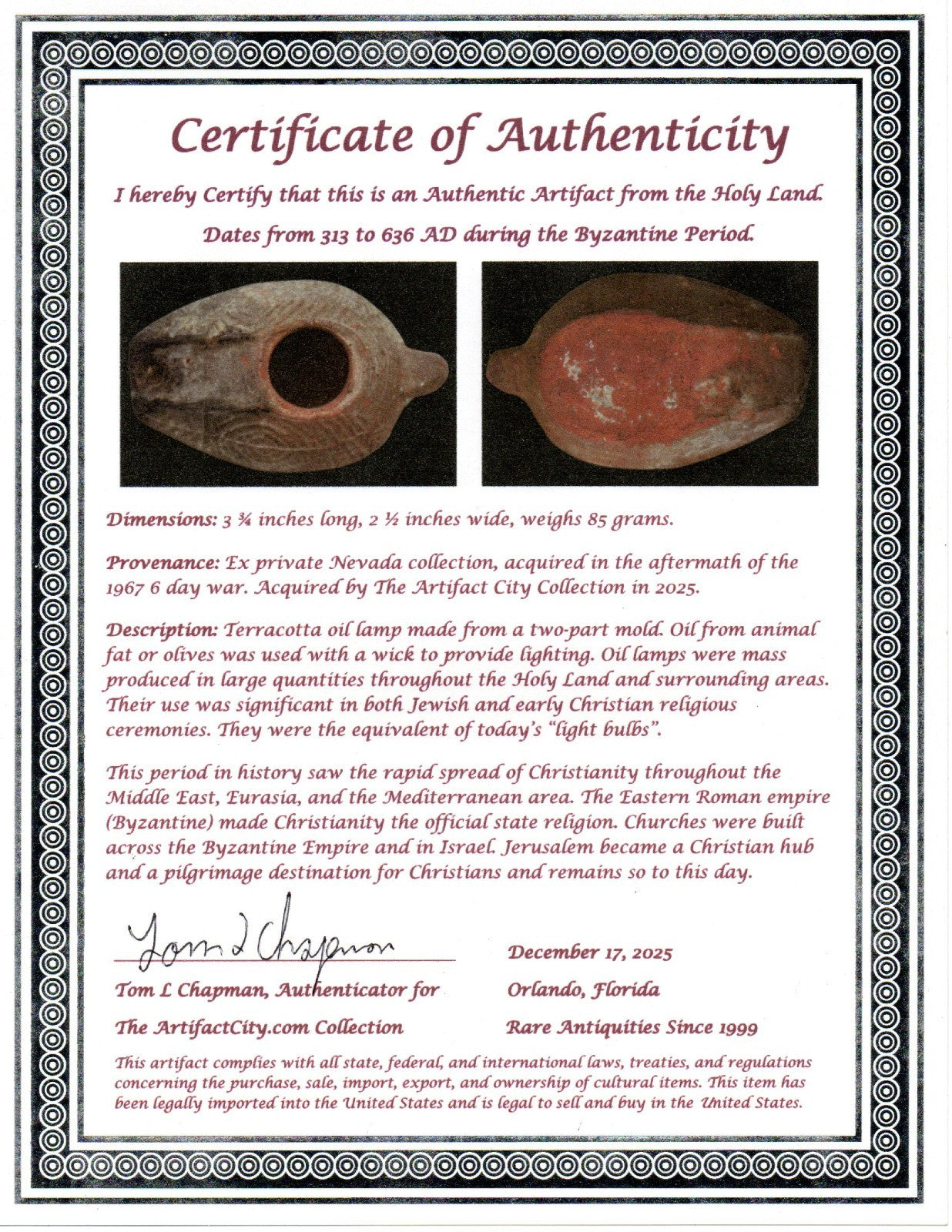 Time of the Christians Oil Lamp Ancient Holy Land Artifact 313-636 AD COA 33