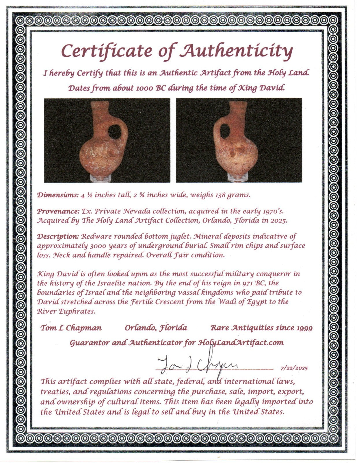 Ancient Holy Land Artifact King David Jugglet Land of Jesus Christ 1000 BC COA 7
