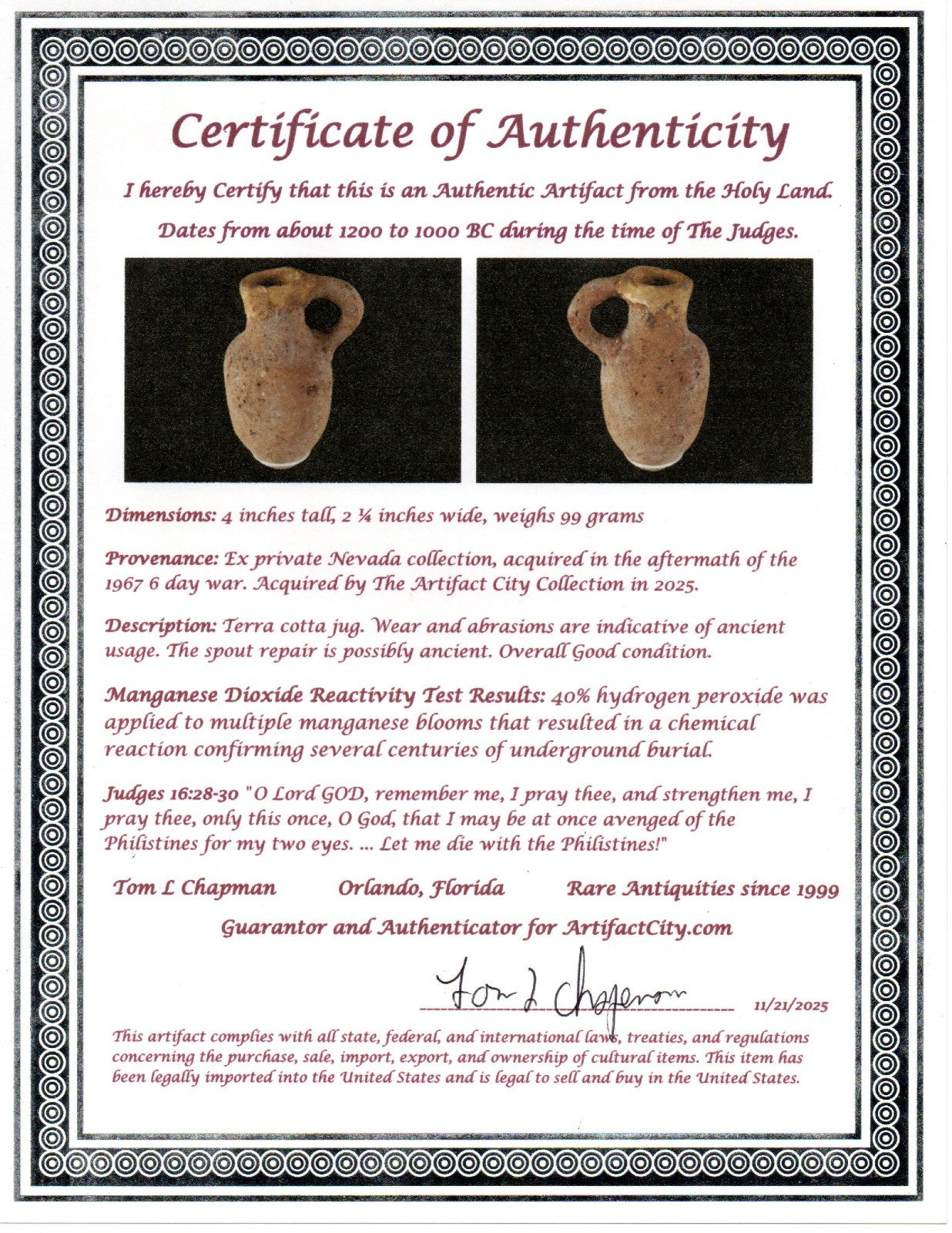Time of Samson Holy Land Artifact Ancient 3100 Year Old Jug 1200-1000 BC COA 76