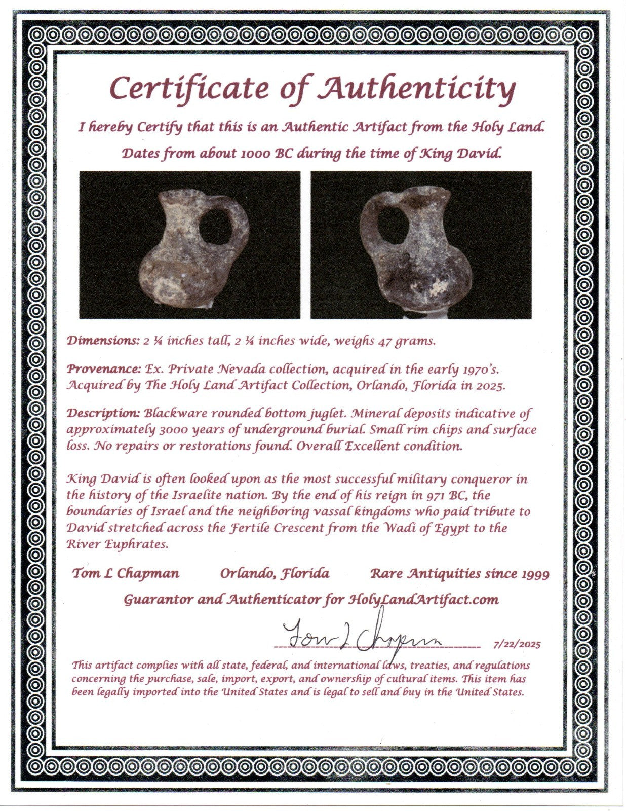 Ancient Holy Land Artifact King David Mini Jugglet Christ Home Land 1000BC COA 2