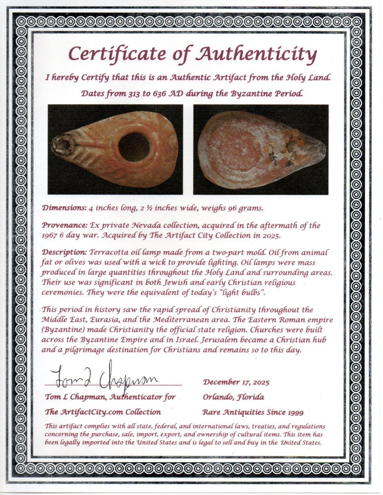 Holy Land Oil Lamp Ancient Artifact Time of the Christians 313-636 AD COA 180