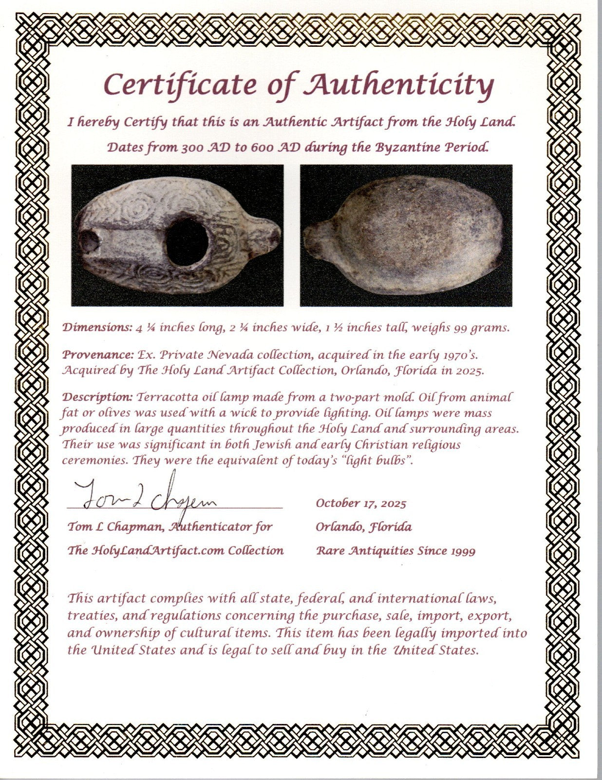 Oil Lamp Holy Land Ancient Artifact Jesus Christ Home Israel 300-600 AD COA 116