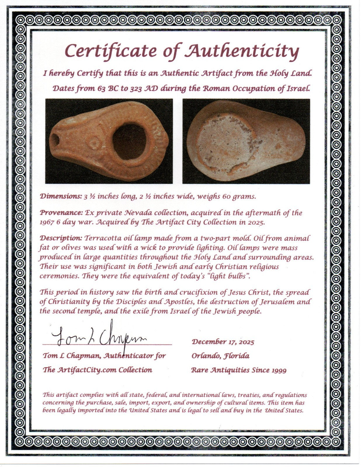 Holy Land Oil Lamp Ancient Artifact Time of Jesus & Apostles 63BC-323AD COA 152