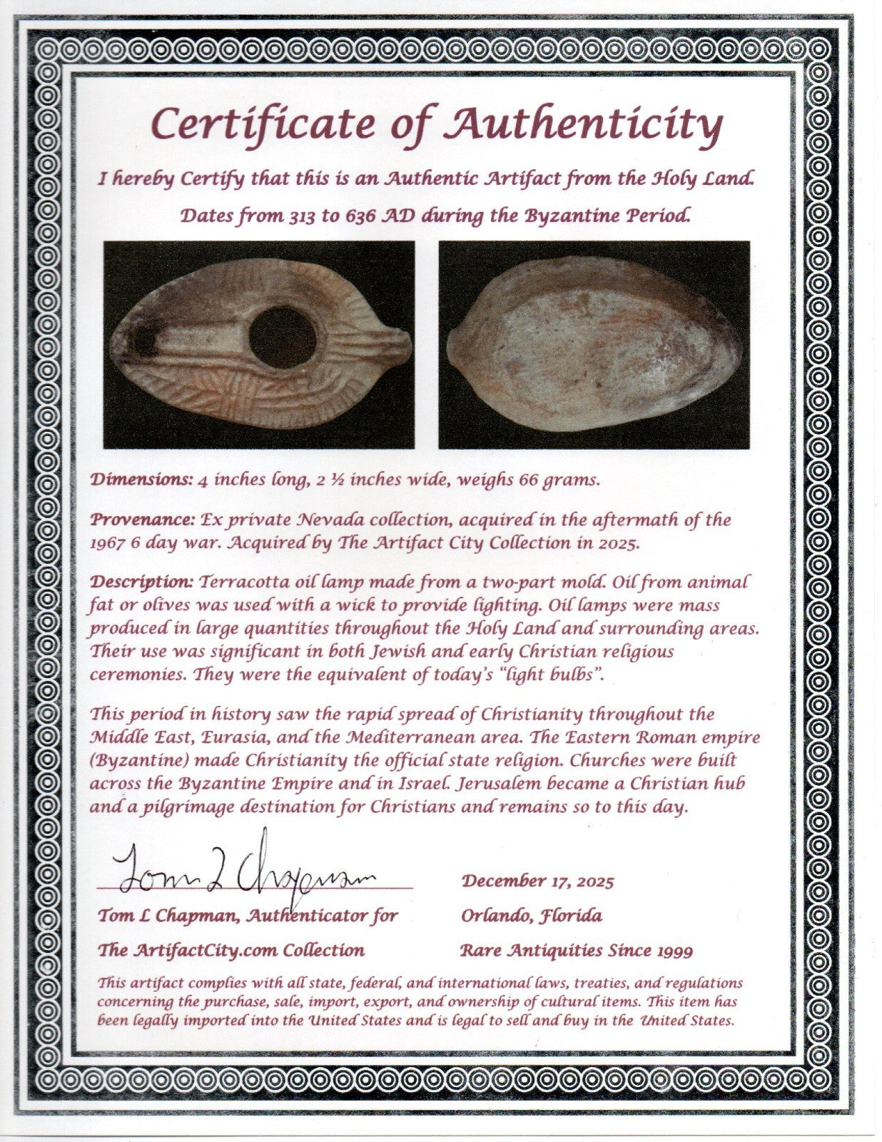 Holy Land Oil Lamp Ancient Artifact Time of the Christians 313-636 AD COA 188