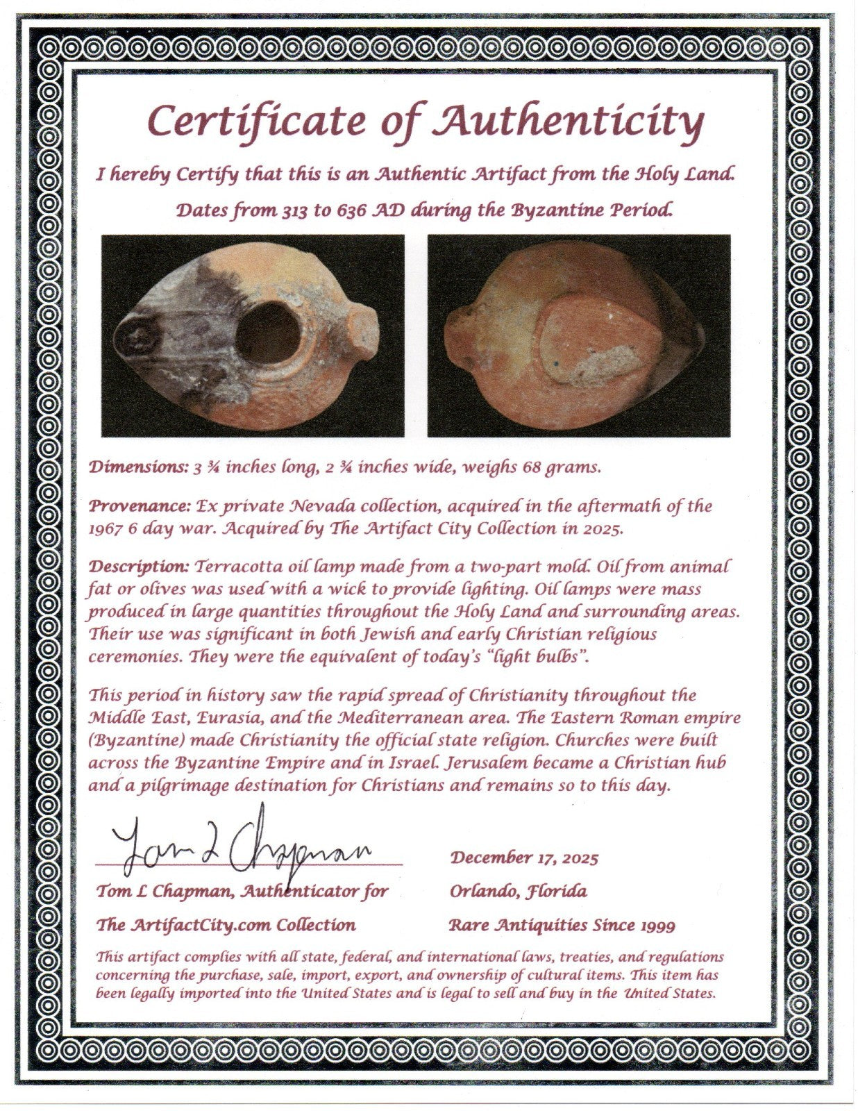 Holy Land Oil Lamp Ancient Artifact Time of the Christians 313-636 AD COA 224