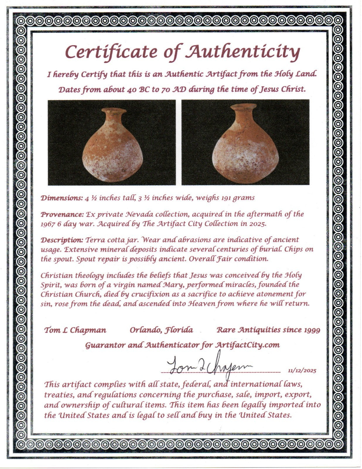 Time of Jesus Christ Ancient Holy Land Artifact Herodian Jar 40BC - 70AD COA 52