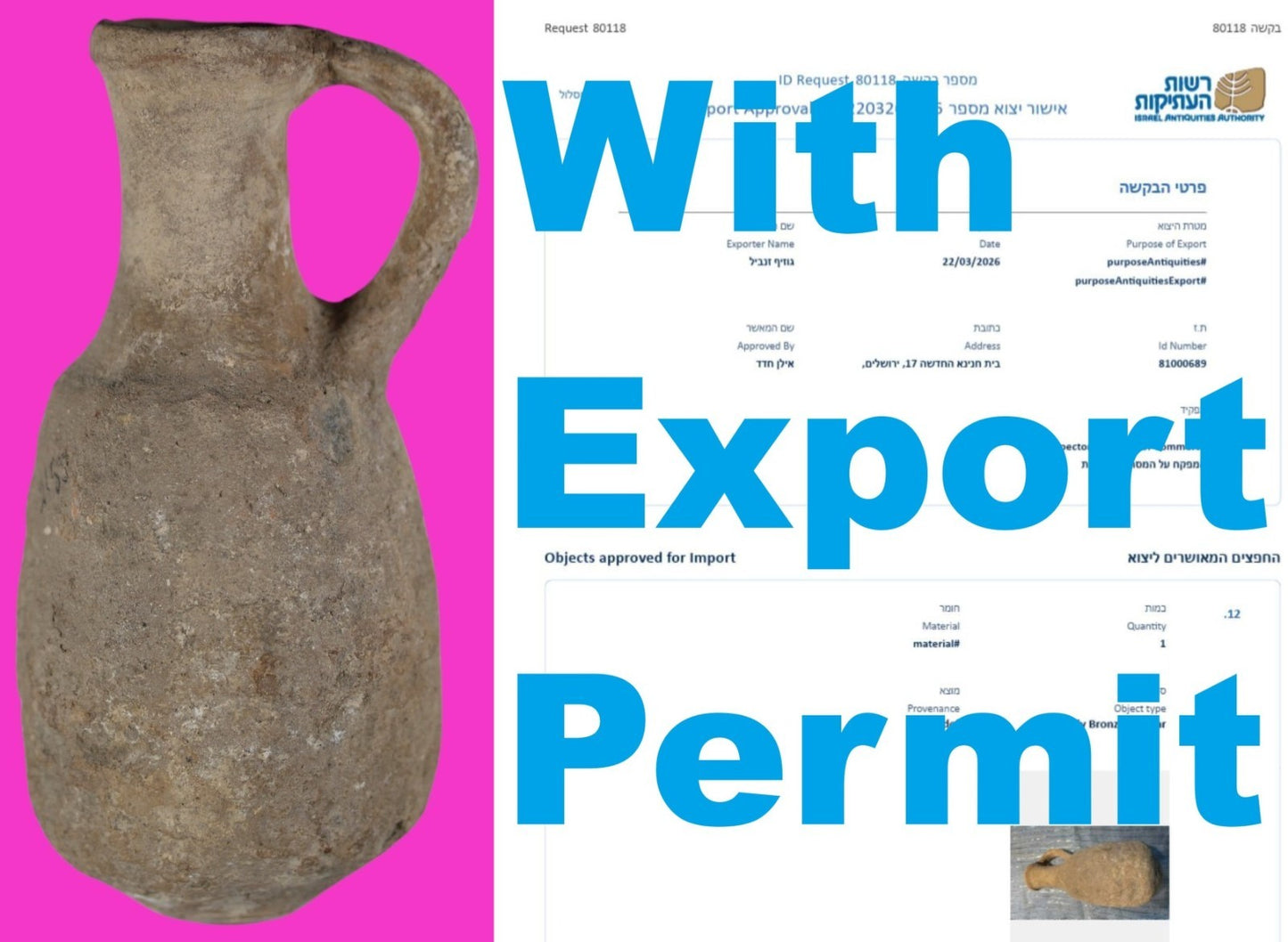 Early Bronze Age Holy Land Artifact Excavated In Jerusalem 3700-2200 BC COA Z03
