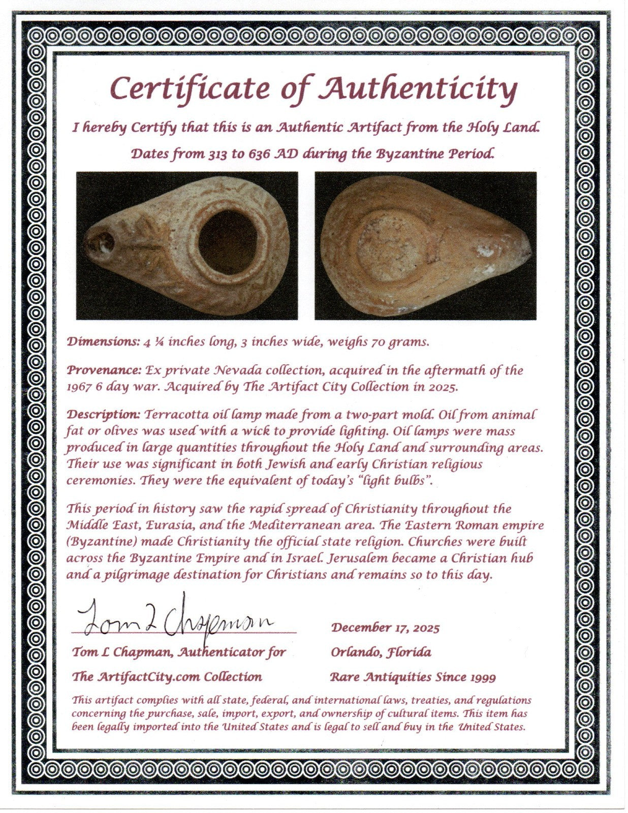 Holy Land Oil Lamp Ancient Artifact Time of the Christians 313-636 AD COA 186