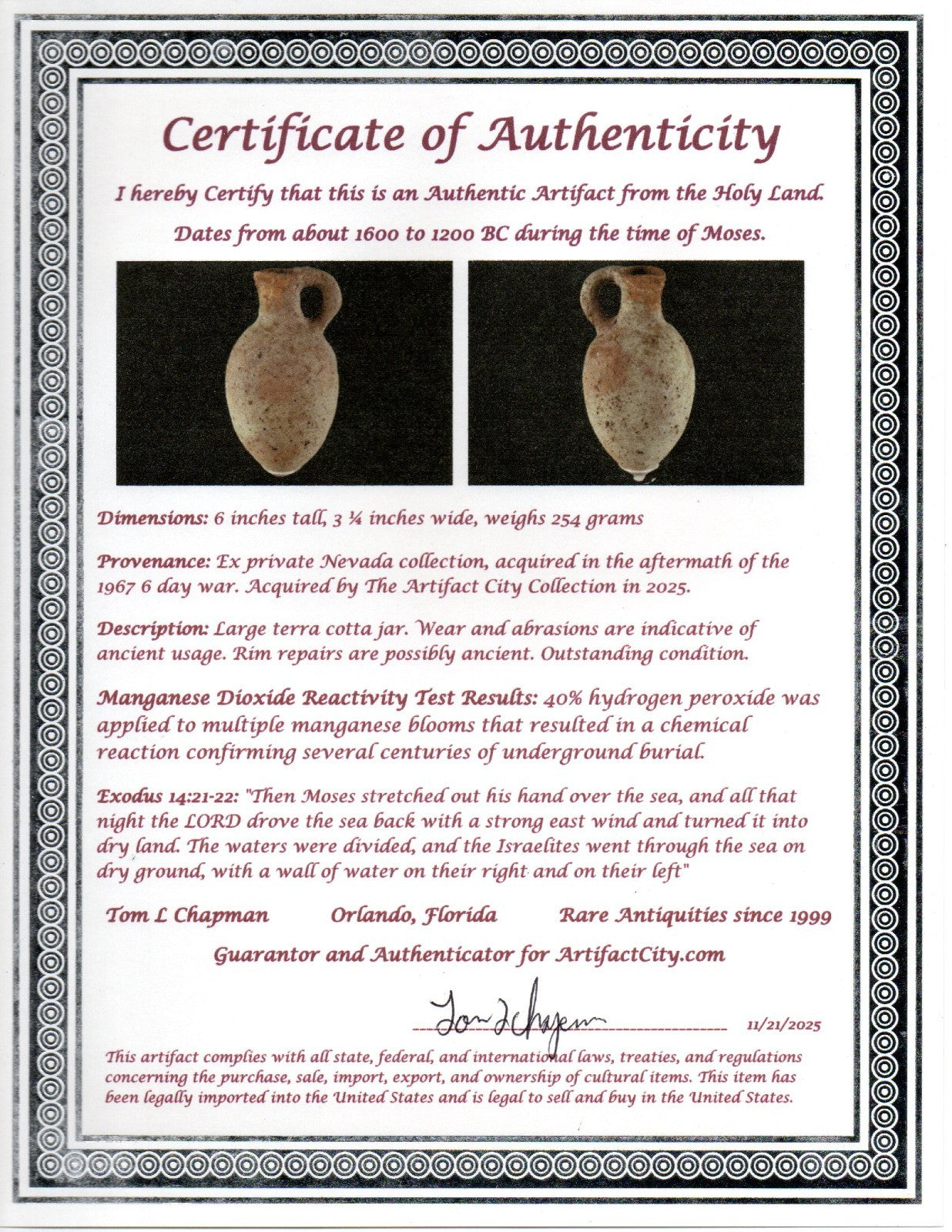 Time of Moses Holy Land Artifact Ancient 3500 Year Old Jug 1600-1200 BC COA 63
