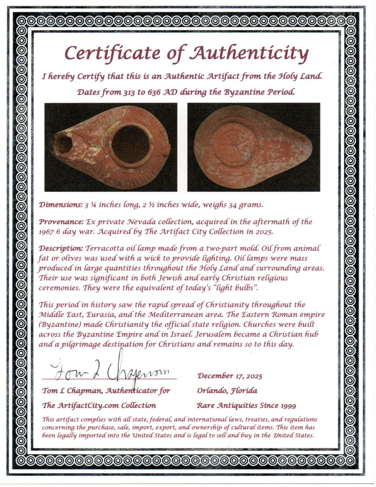 Holy Land Oil Lamp Ancient Artifact Time of the Christians 313-636 AD COA 226