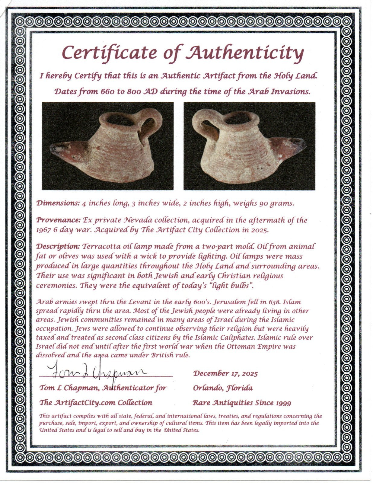 Holy Land Oil Lamp Ancient Artifact Time of the Arab Invasion 660-800 AD COA 241