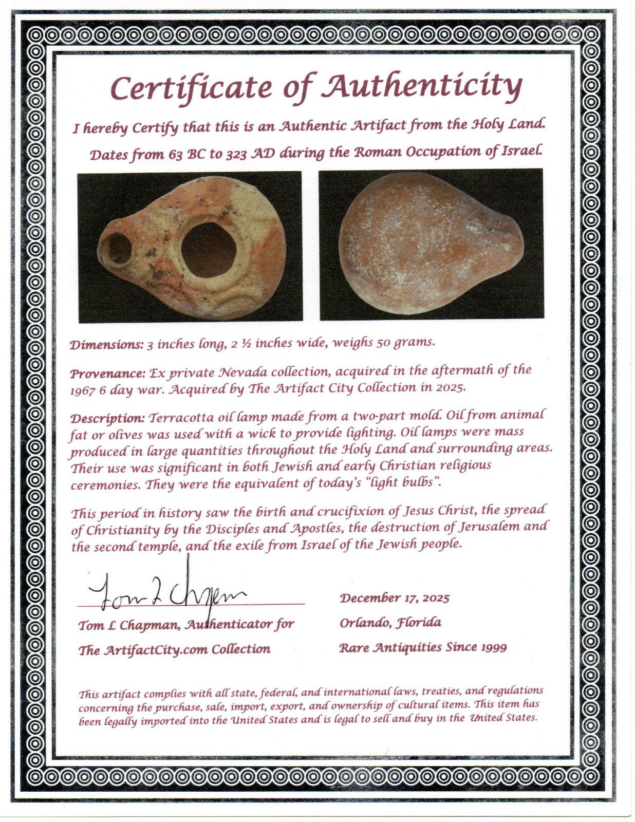 Holy Land Oil Lamp Ancient Artifact Time of Jesus & Apostles 63BC-323AD COA 162