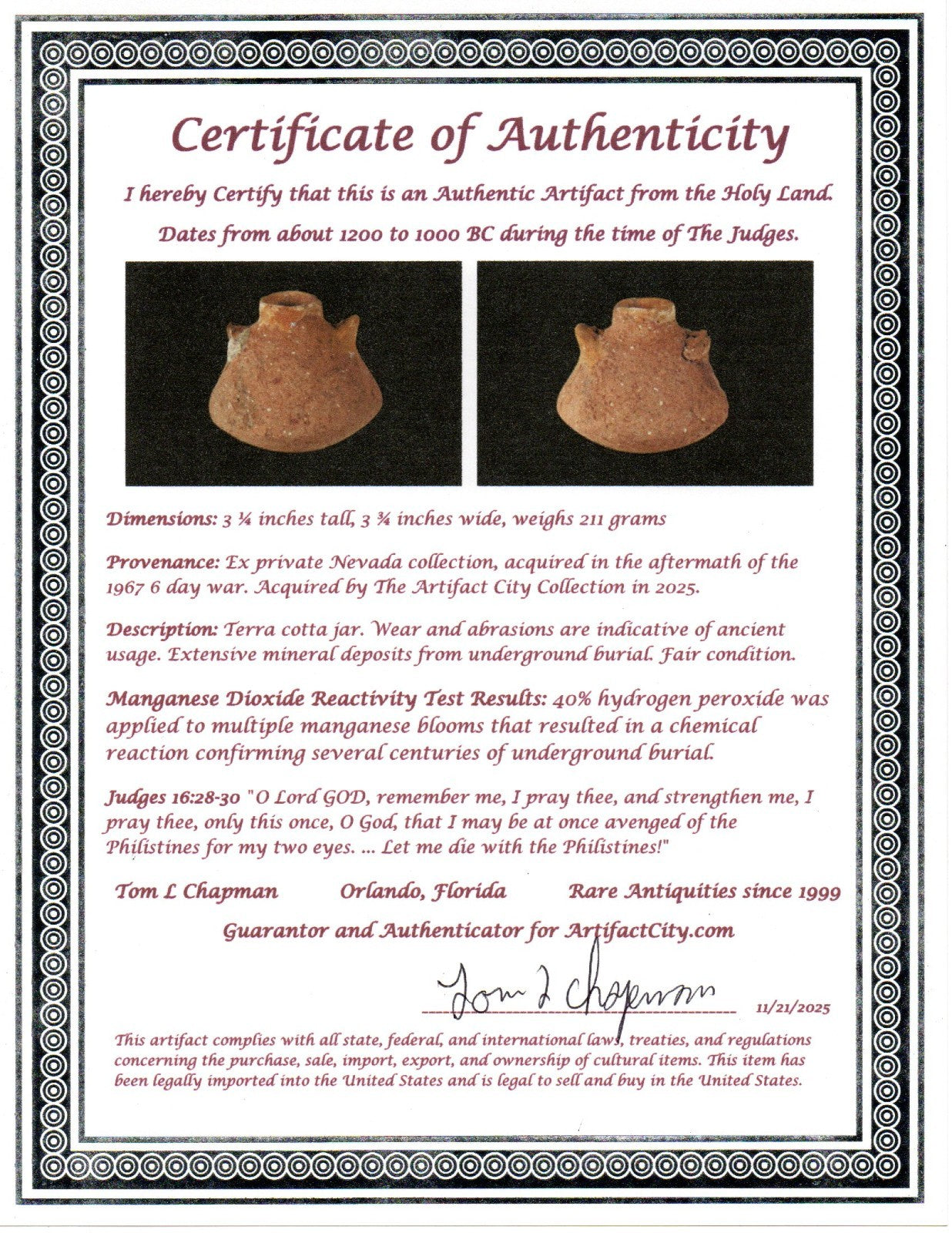 Time of Samson Holy Land Artifact Ancient 3100 Year Old Jar 1200-1000 BC COA 80