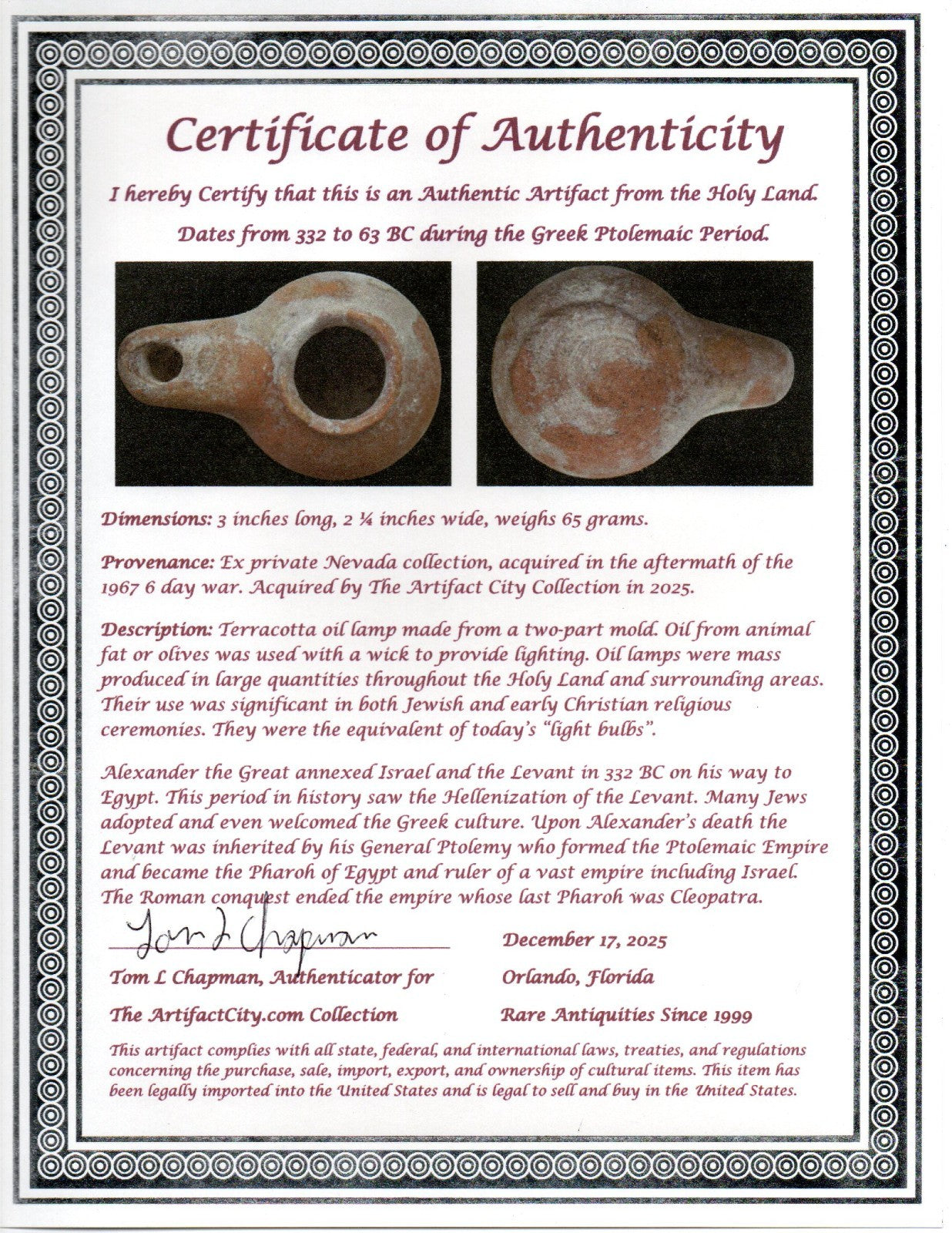 Holy Land Oil Lamp Ancient Artifact Alexander the Great Era 332-63 BC COA 231