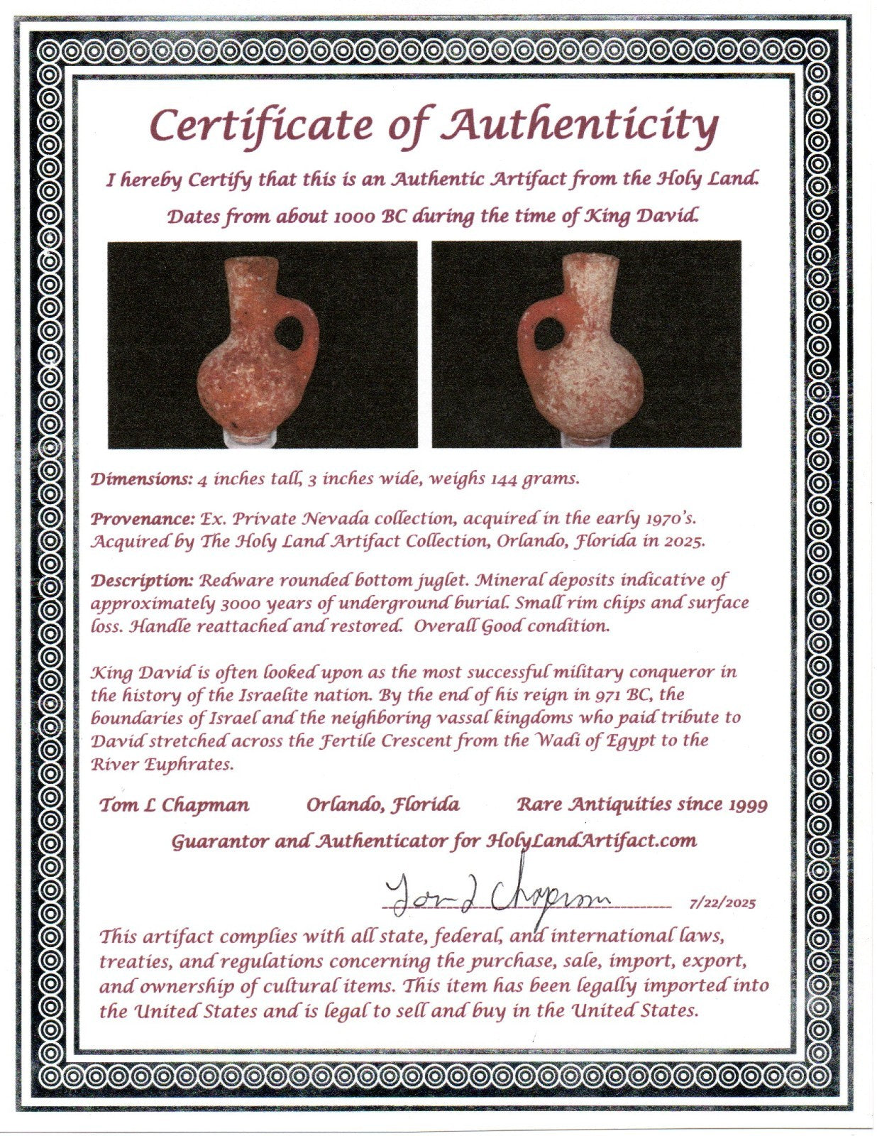 Ancient Holy Land Artifact King David Jug Land of Jesus Christ 1000 BC COA 10