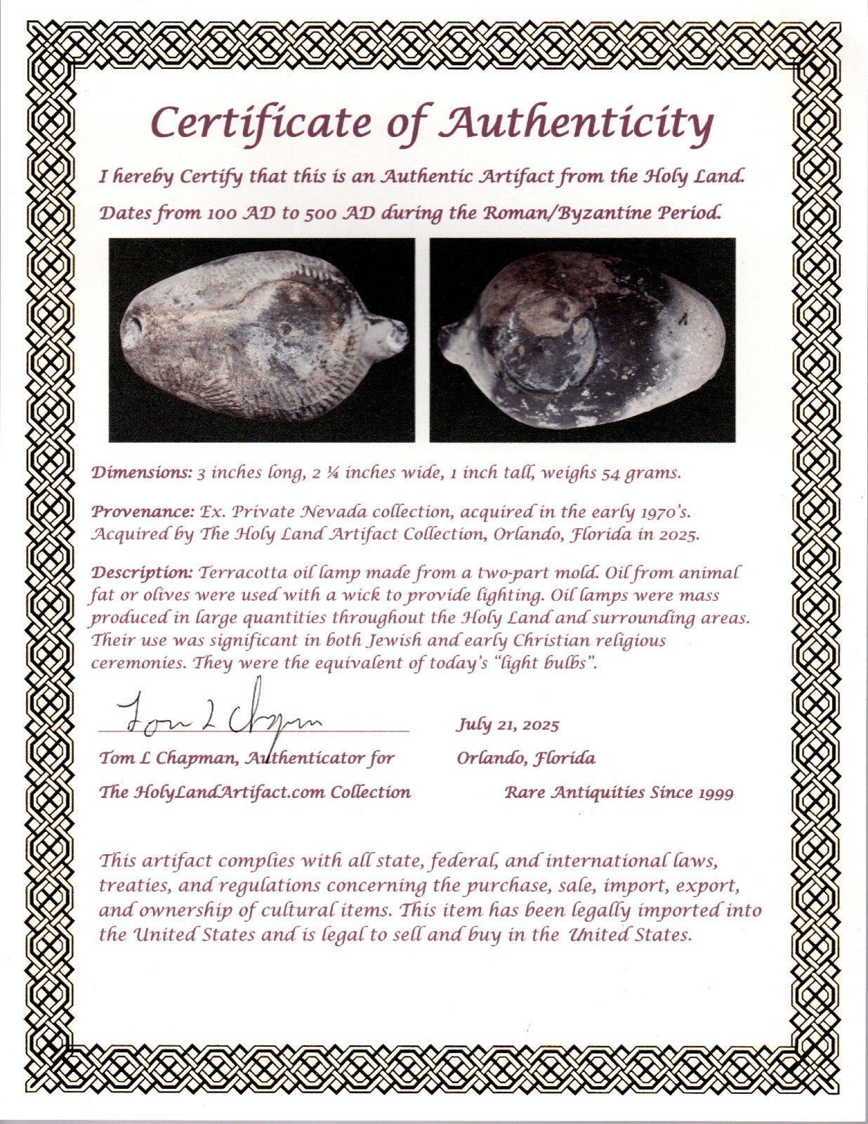 Ancient Holy Land Oil Lamp Artifact From Jesus Christ Home Land 100-500AD COA 61