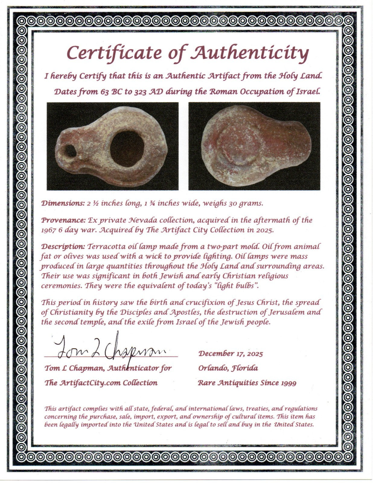 Holy Land Mini Oil Lamp Ancient Artifact Time of the Apostles 63BC-323AD COA 169