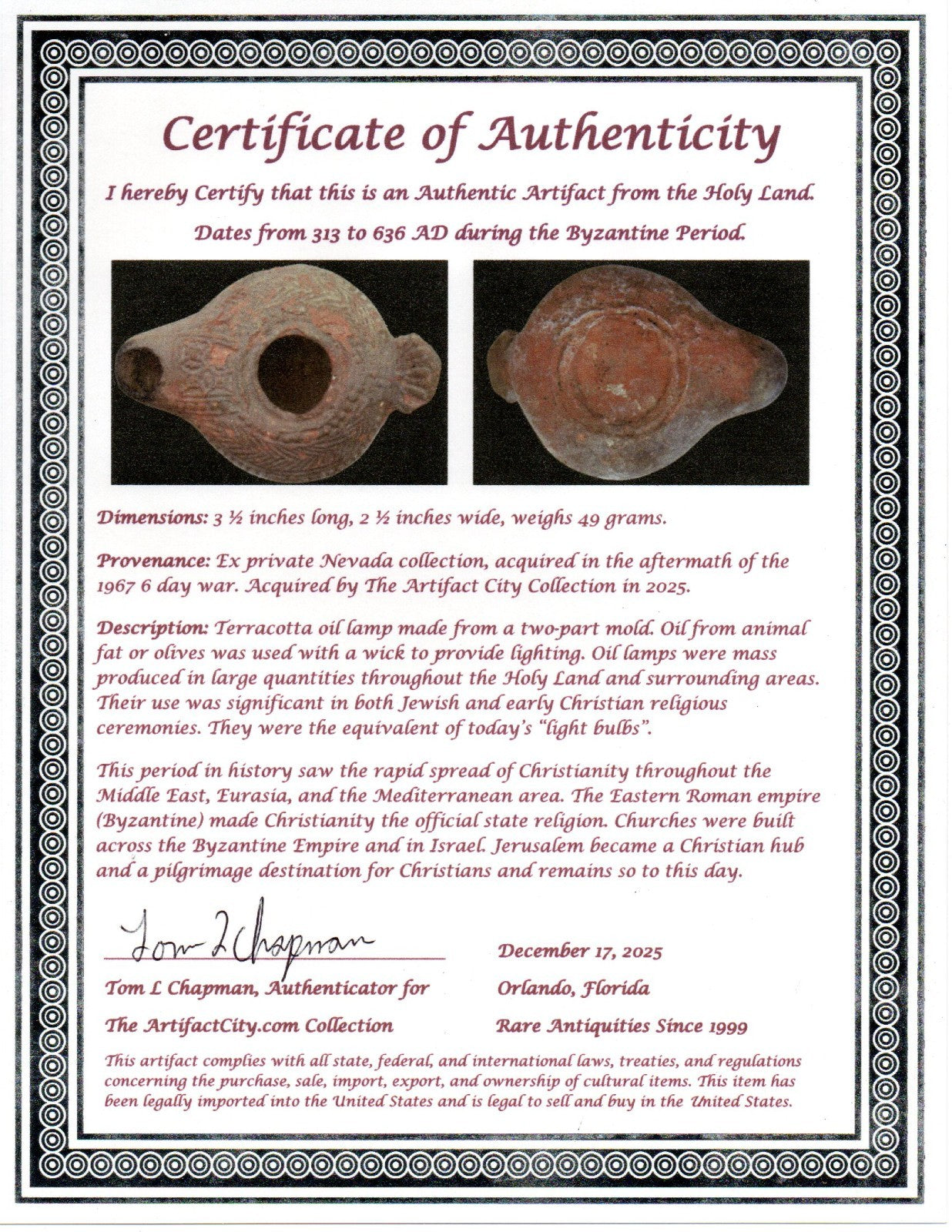 Holy Land Oil Lamp Ancient Artifact Time of the Christians 313-636 AD COA 175