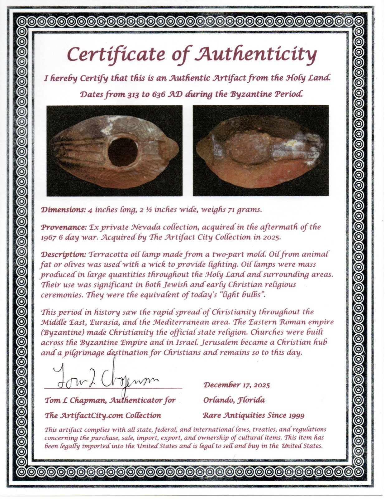 Holy Land Oil Lamp Ancient Artifact Time of the Christians 313-636 AD COA 216