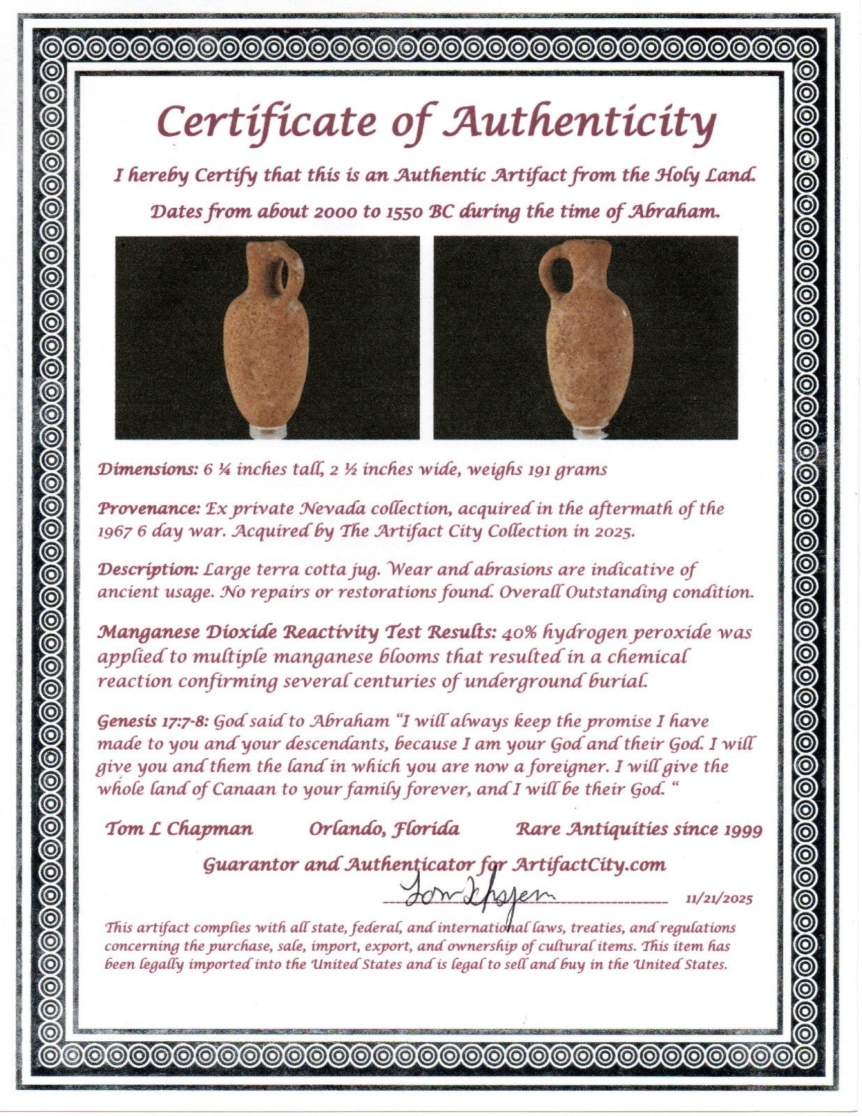 Time of Abraham Holy Land Artifact Ancient 4000 Year Old Jug 2000-1550 BC COA 47